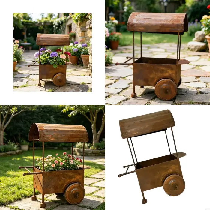 Petit conteneur jardinière en brouette rouillé, porte-fleurs, idéal pour l'aménagement paysager du j