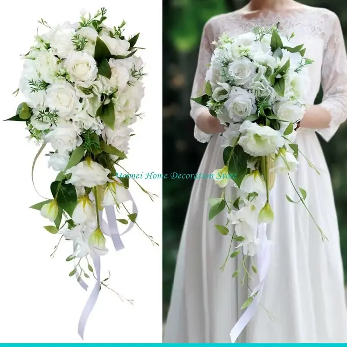 H7BF – Bouquet mariée en roses, cascade romantique, tenant une fleur, mariée