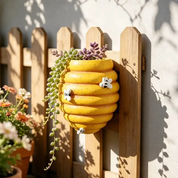 Pot de fleurs mural rustique en résine, motif abeille et nid d'abeille, style dessin animé, pour cour