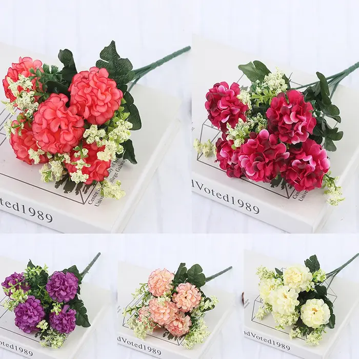 NOUVEAU 1 Bouquet de 5 Têtes d'Hortensias en Soie