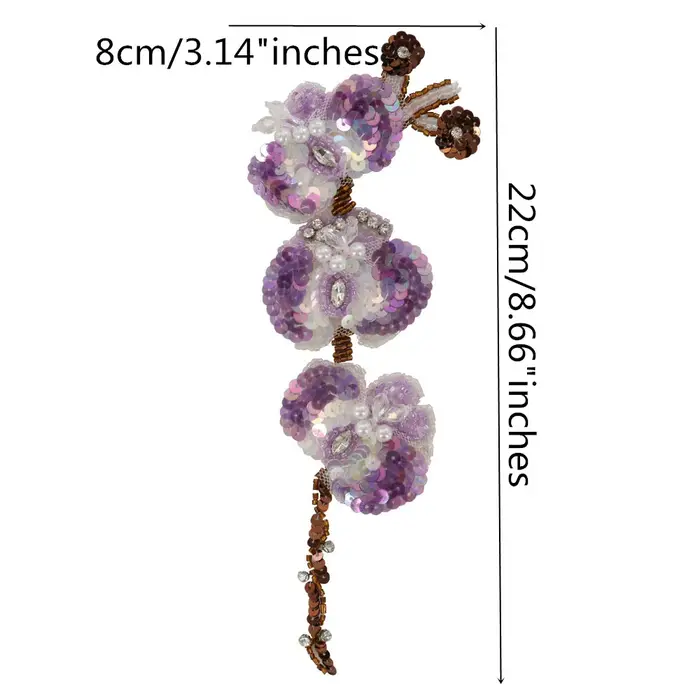 Fleur violette perlée en strass 3D faite à la main, patchs de fleurs de pêcher pour vêtements, grand