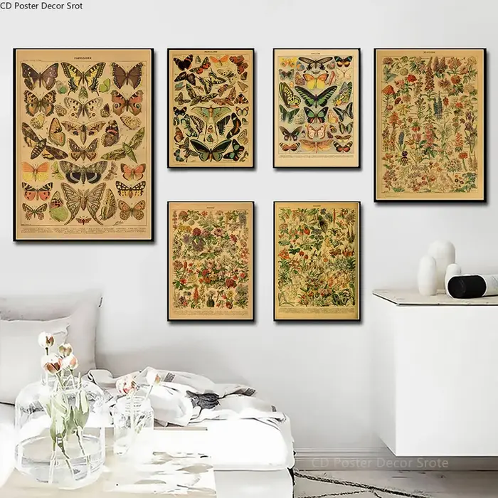 Papillon insecte fleur champignon affiche botanique éducatif papier Kraft bricolage Vintage maison chambre Bar café décor Art mur peinture
