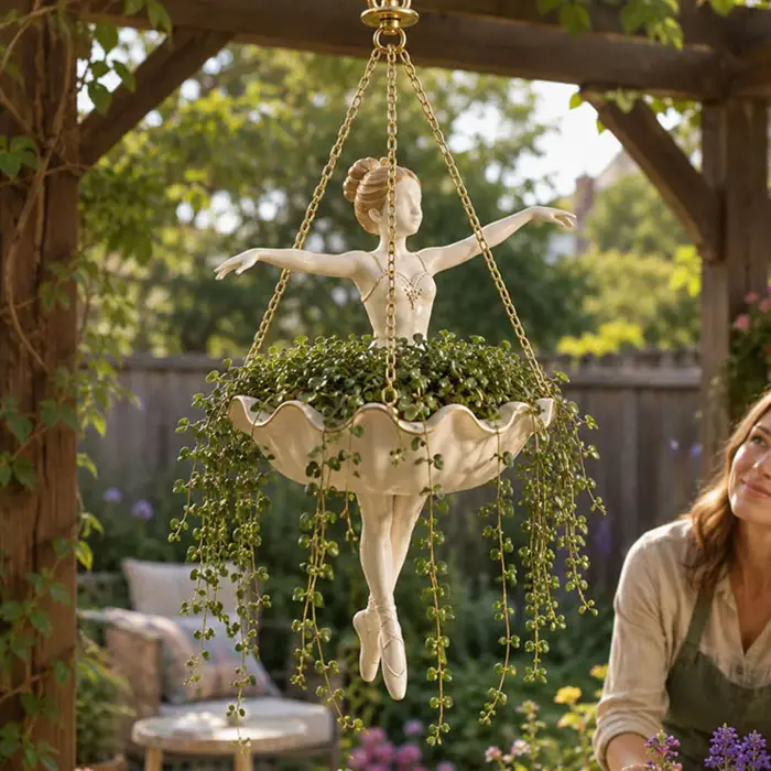 Support de plante en forme de danseuse de ballet avec crochet supérieur et trois chaînes, support de présentation de plantes, installation facile et polyvalent pour la décoration de jardin