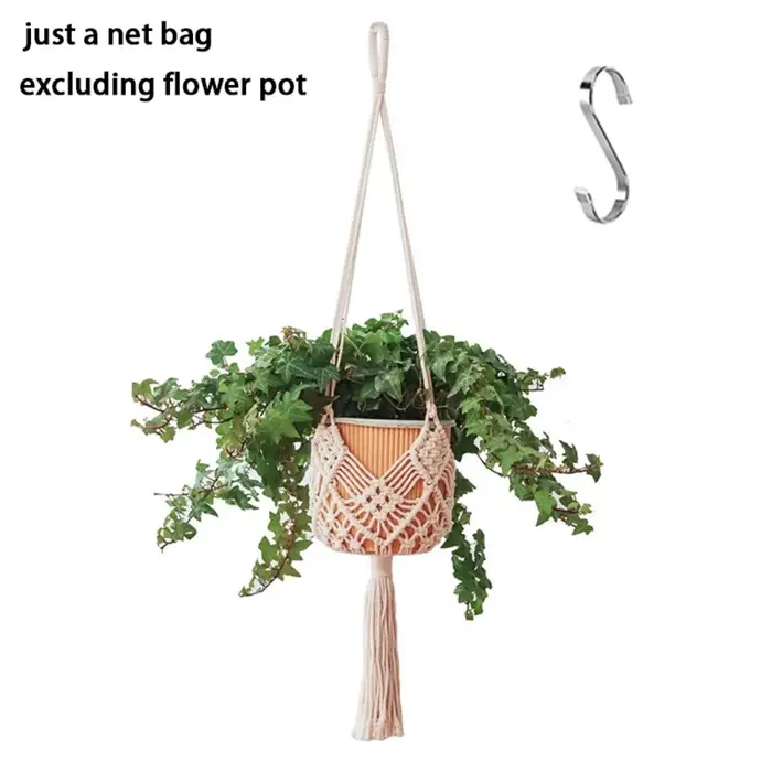 Porte-plante bohème avec pochette en filet, panier suspendu en macramé, pot de fleurs tissé en corde