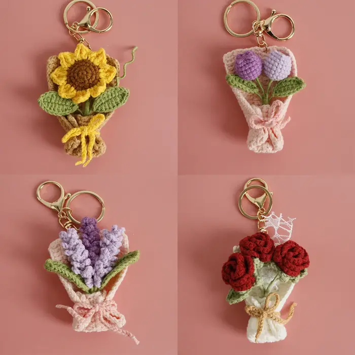 Porte-clés Bouquet de fleurs tricoté créatif
