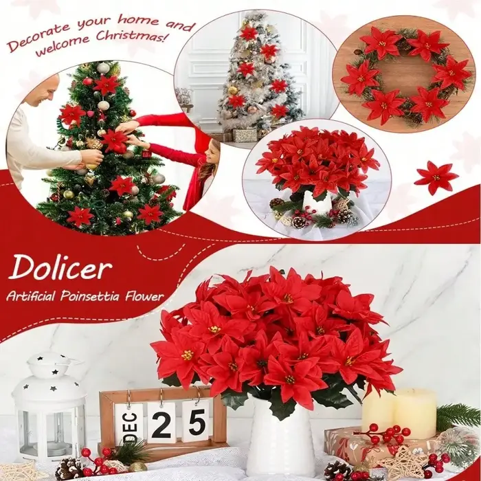 4 pièces de fleurs artificielles de poinsettia, 7 têtes de poinsettia en velours, 13,4 pouces, fleurs de Noël artificielles, poinsettia artificiel