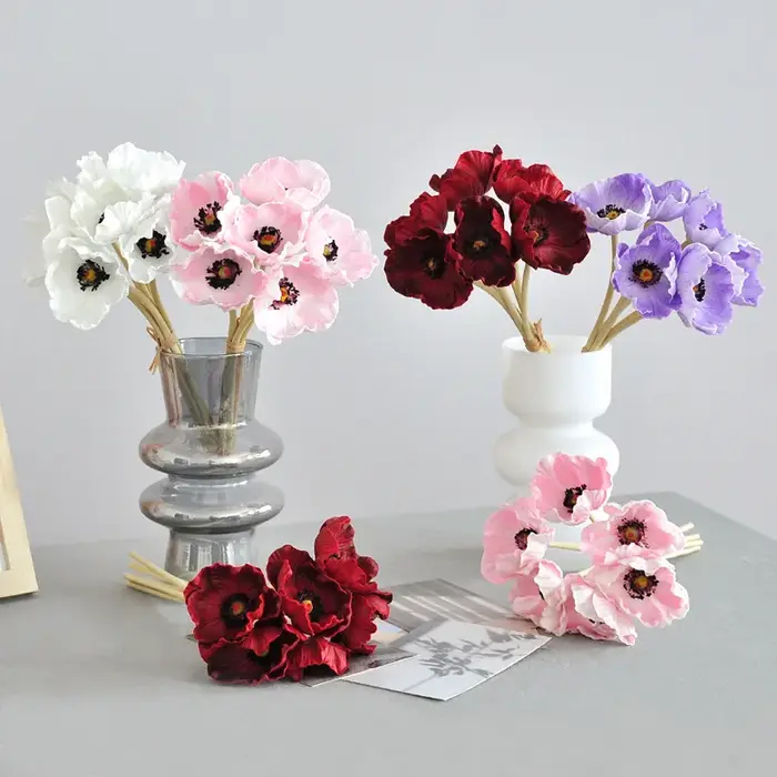 6pcs Branche de fleur de pavot de maïs au toucher réel Papaver Rhoeas artificiel pour bouquet de mariage décoration florale
