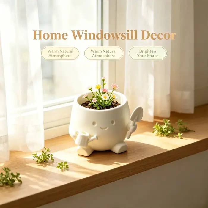 Mini pot de fleurs créatif en forme de jardinier de dessin animé avec visage souriant, ornement de bureau créatif, décoration pour la maison et le bureau, cadeau pour ami.