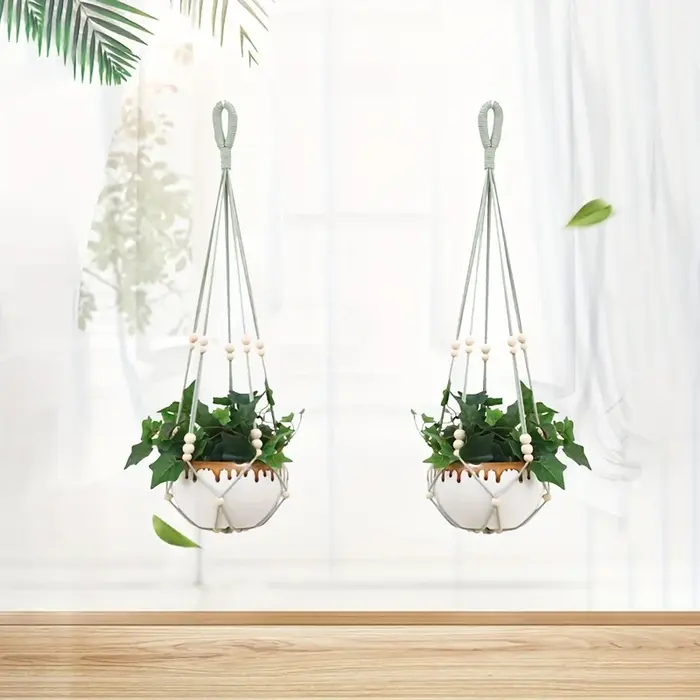 1/2pcs Porte-plantes chic avec perles en bois - Panier suspendu en tissu durable pour intérieur/extérieur pour petites plantes - Macramé décoratif