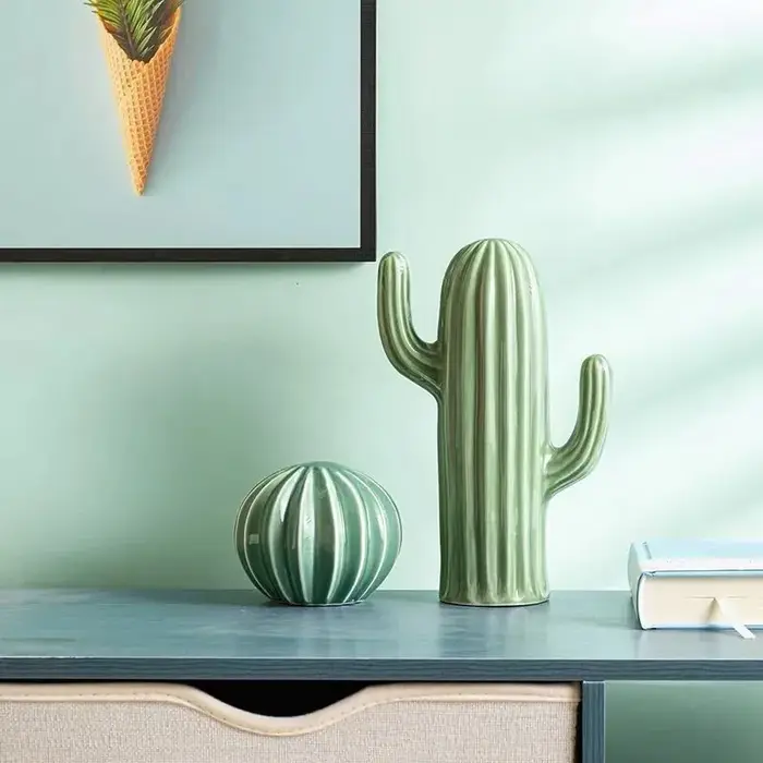 Ornement en céramique vert cactus figue de Barbarie, style minimaliste nordique, artisanat artistique, décoration de bureau, hall d'entrée, salon, décoration intérieure