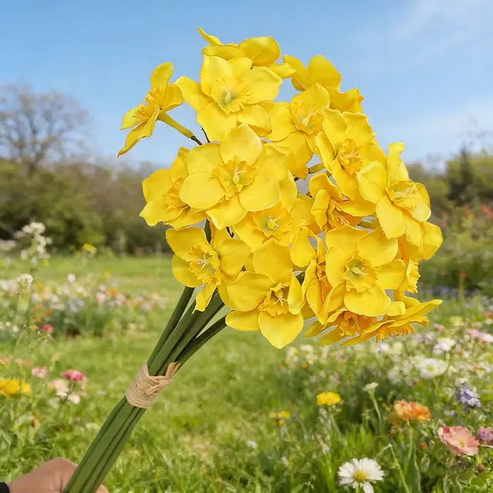 6/12 tiges de fleurs artificielles jaunes en forme de narcisse, 2 bouquets de fleurs artificielles r