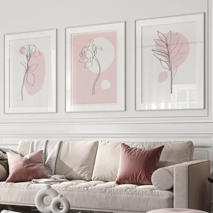 Lot de 3 tableaux muraux botaniques roses – Décoration murale botanique – Affiche d'art linéaire botanique – Décoration intérieure rose – Peinture sur toile pour la décoration de chambre
