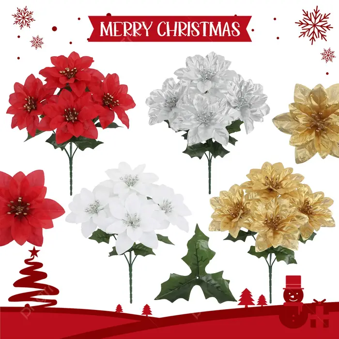Bouquet de fleurs de noël artificielles en fausse soie blanche et rouge, 30cm, pour décoration de maison, de fête de mariage