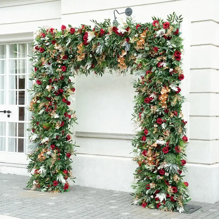 Série de noël Rose rouge vert tissu Base fleur rangée décor mariage toile de fond cadre événement fête scène Arrangement Floral H8777