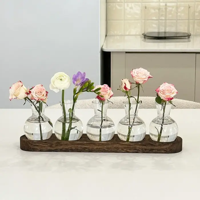 Vase en verre moderne, terrarium avec plateau en bois