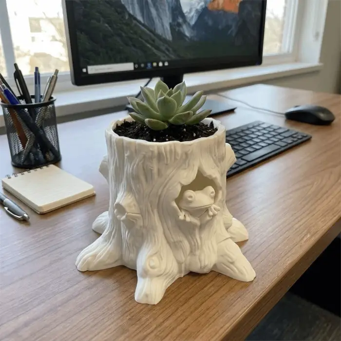 Pot de fleurs décoratif en forme de grenouille, imprimé en 3D, unique, en forme de tronc d'arbre, original, pour bureau.