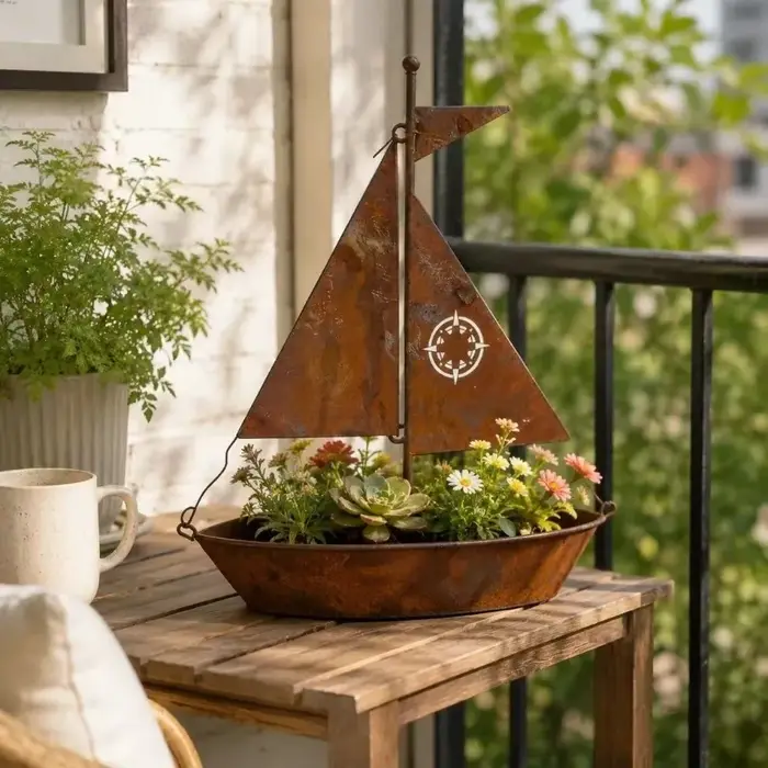 Pot de fleurs rustique en forme de voilier, pot à succulentes vintage nautique fait main en métal, résistant aux intempéries et antirouille, jardinière en forme de bateau