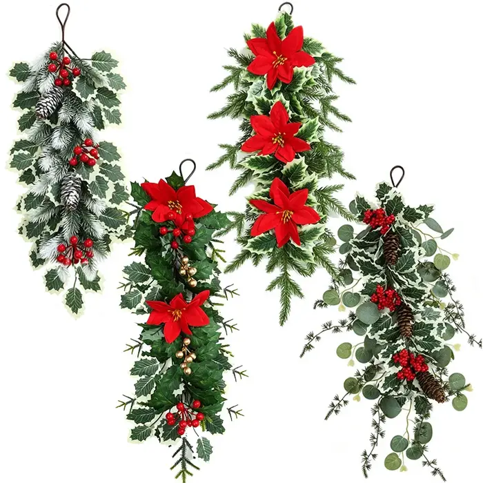 4 plantes artificielles, poinsettia, branche de pin, baies, décoration murale pour la maison et le jardin, décoration de Noël, plante verte artificielle.