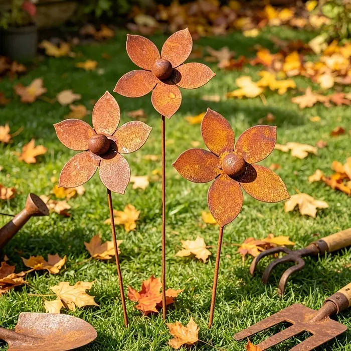 Décoration de jardin en métal rustique avec fleurs en métal rouillé, idéale pour le jardin, la cour, la pelouse, la terrasse et la décoration extérieure.