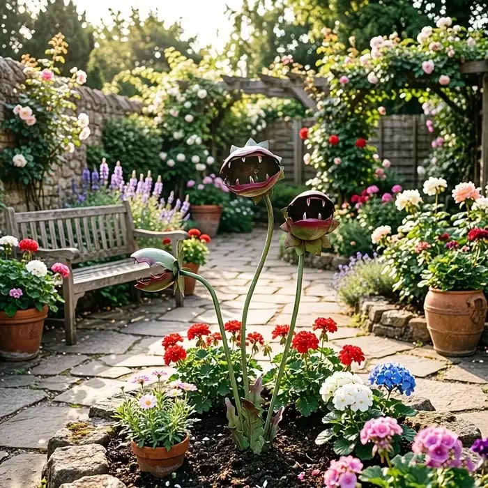 Décoration de jardin en métal peint en forme de fleur carnivore
