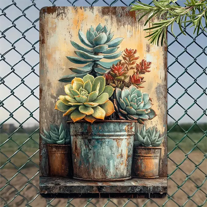 Décoration murale en métal avec motif de plantes succulentes vintage – Plaque botanique rustique en étain pour le bureau