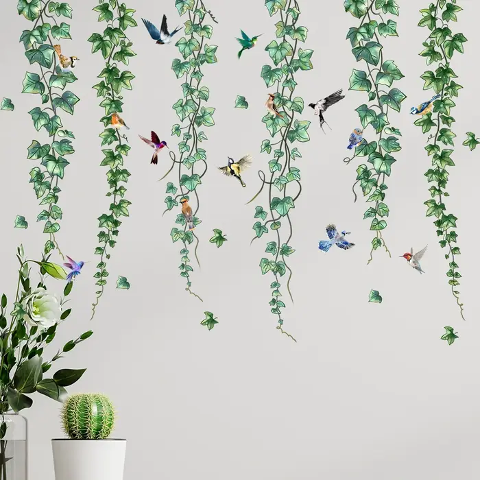 Plantes vertes vignes fleurs papillons autocollants muraux chambres d'enfants