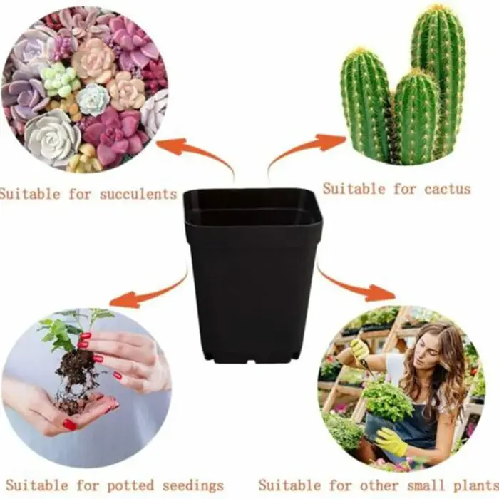 Ensemble de 10 pots de fleurs carrés en plastique avec trous de drainage et plateaux