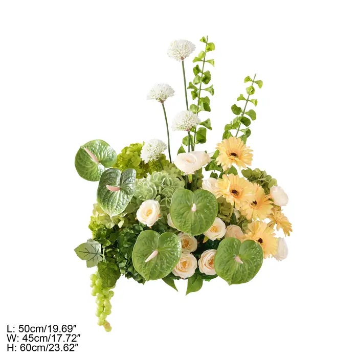 Angela A9143 Arrangement floral artificiel en hydrangeas et palmiers pour allée, centre de table, bo