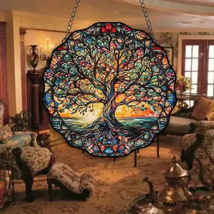 Ornement en acrylique Arbre de Vie - Décoration murale ronde pour la lumière du soleil