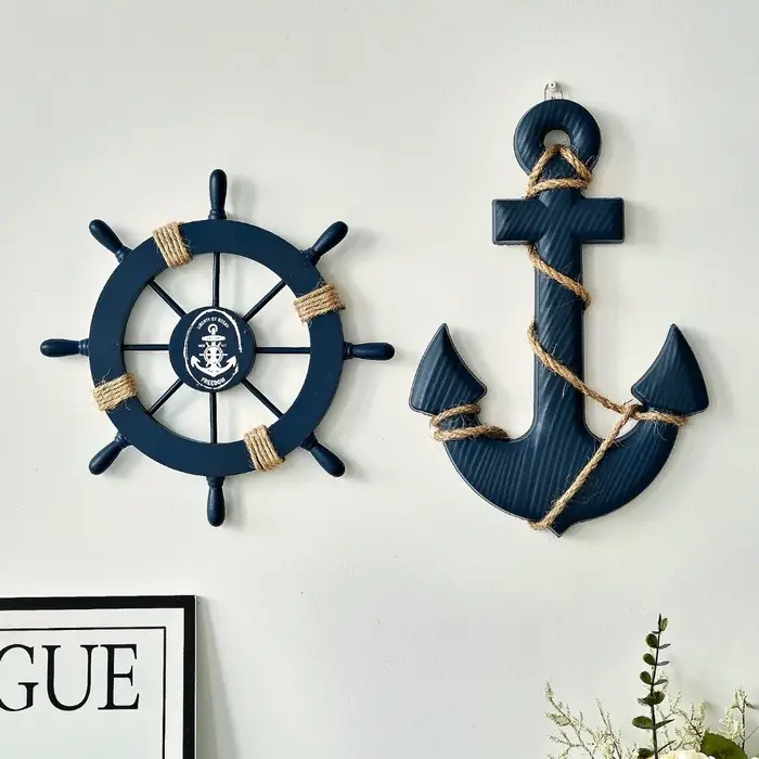 Lot de 2 gouvernails et ancre de bateau en bois nautique avec corde