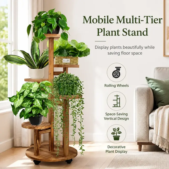 Support à plantes à 5 niveaux sur roulettes, étagère à plantes en bois pour plantes d'intérieur, sup