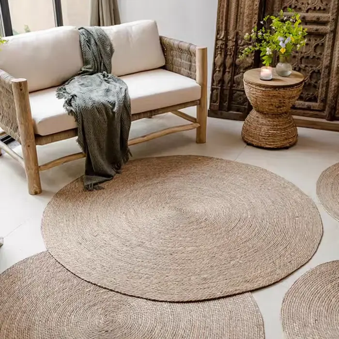 Tapis Rond Tissé en Polymère et Rotin Naturel