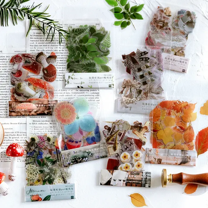 40 pièces/sac Vintage Ginkgo feuilles fleurs PET autocollant paquet bricolage journal décoration