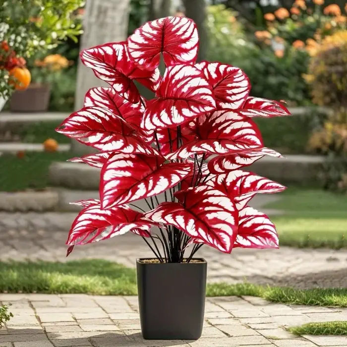 1 pièce de plante artificielle à feuilles rouges et rayures blanches pour extérieur et intérieur