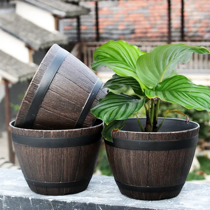 1 pièce, pot de fleurs en résine imitation baril de bois