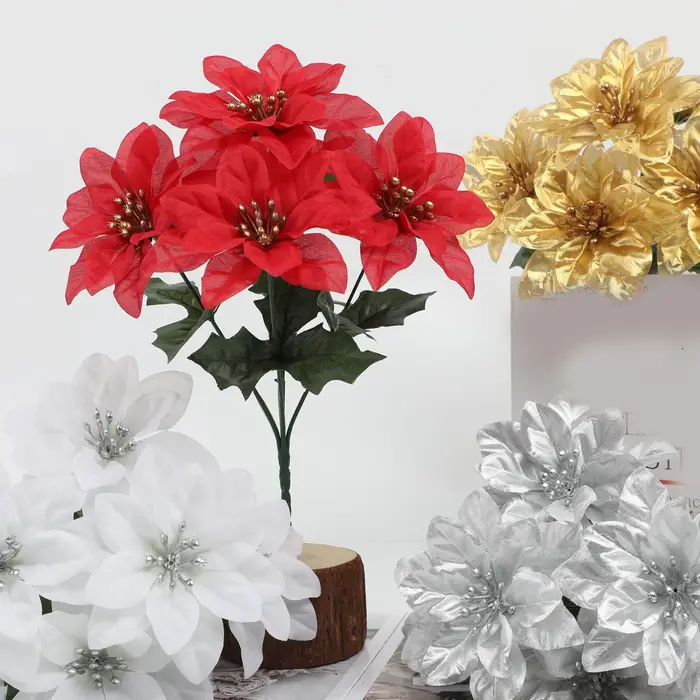 Bouquet de fleurs de noël artificielles en fausse soie blanche et rouge, 30cm, pour décoration de maison, de fête de mariage