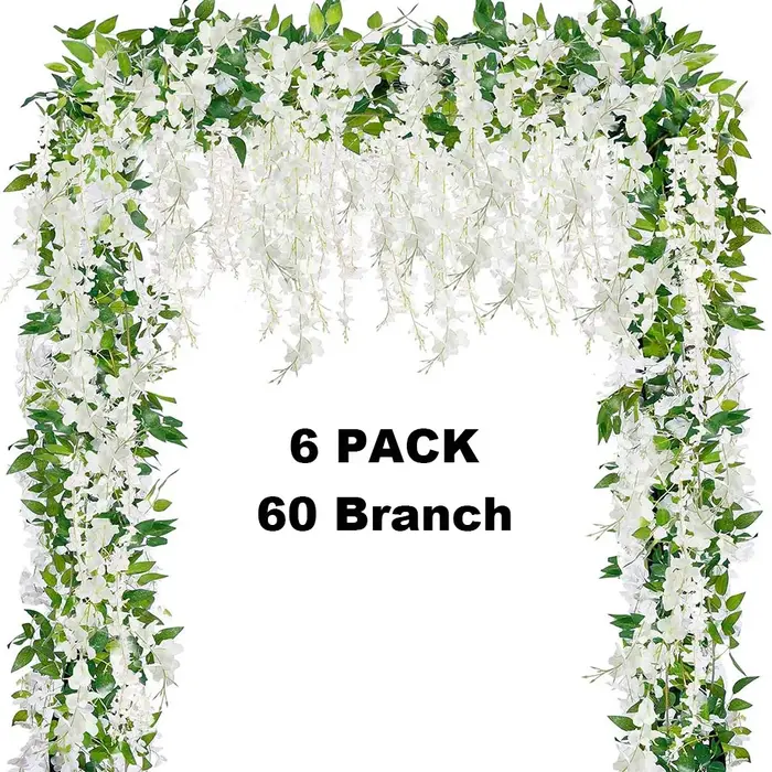 Guirlande de fleurs suspendues de glycine blanche, 6 paquets, guirlande de vigne artificielle en soi