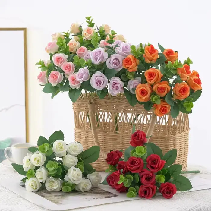 Fleurs artificielles Vase Maison Chambre Decorat Jardin En Plein Air Festival Feuilles D'eucalyptus Faux Plantes Mariage Brial Soie Roses Bouquet