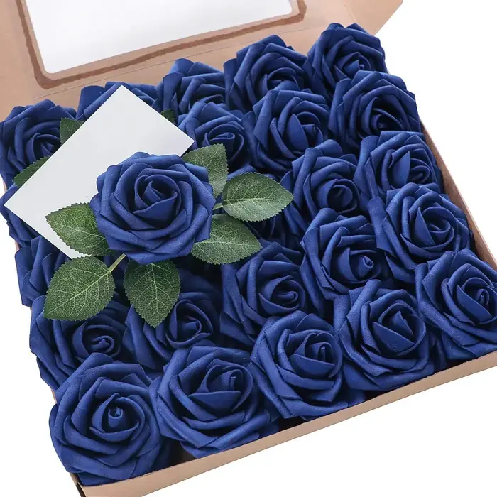 Fleurs artificielles 25 pièces, fausses Roses en mousse bleu Royal d'aspect réel avec tiges pour cen