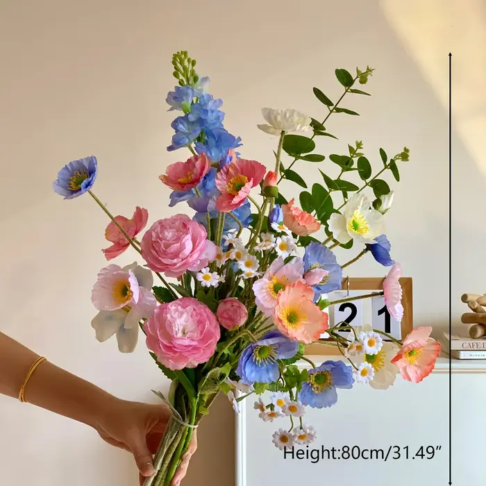 Bouquet de 11 tiges de fleurs artificielles mélangées de pavot de Inde pour l'aménagement des salons et des salles à manger