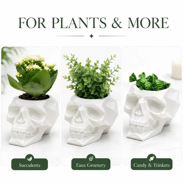 Pot de fleurs en forme de crâne, pot de fleurs gothique en polygone bas pour plantes succulentes, décoration intérieure pour étagère de bureau, cadeau de décoration pour Halloween.
