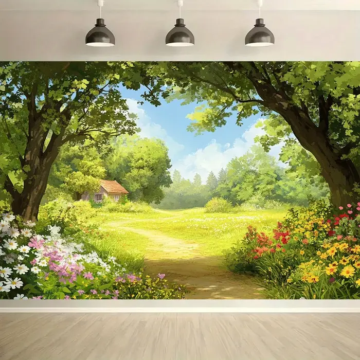 1 morceau de chemin de forêt de fleurs-décoration murale de paysage rural Pastel