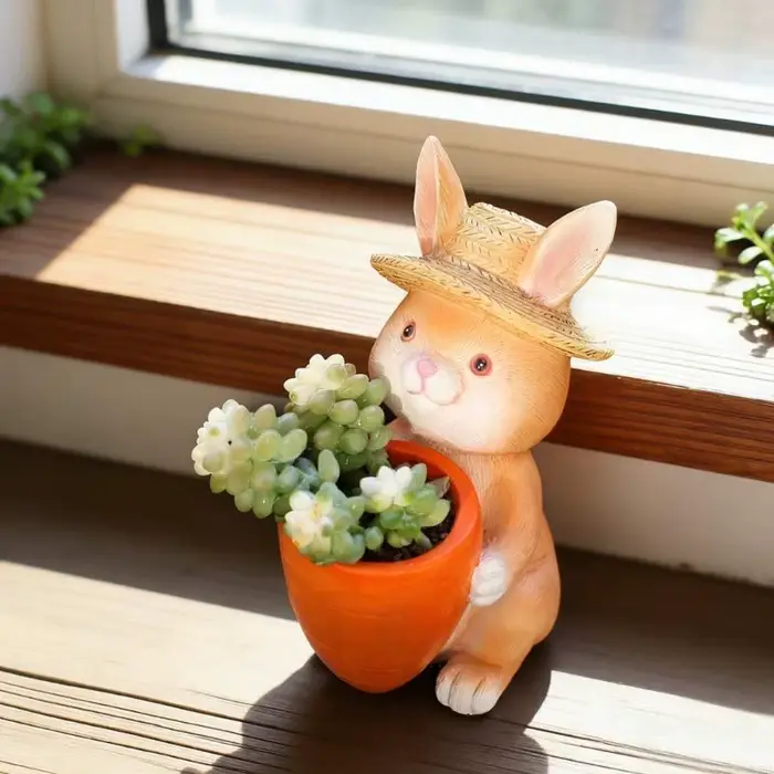 Jardinière en résine 87HA, Adorable lapin tenant une carotte, Pot fleur, conteneur parfait pour les 
