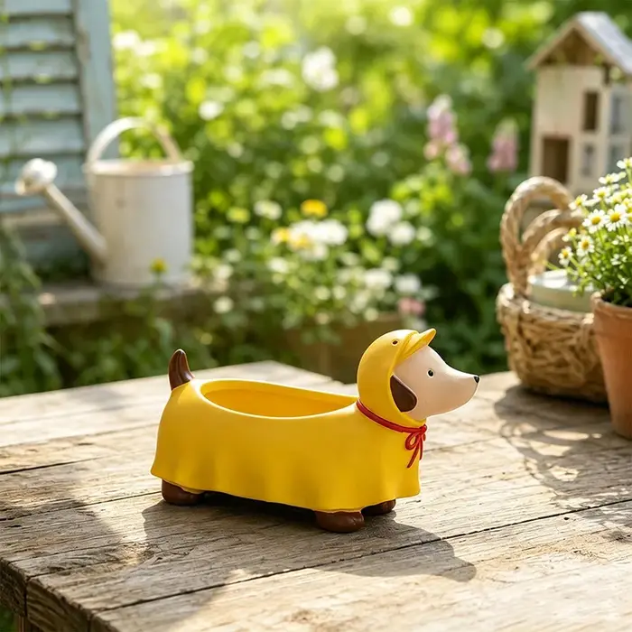 Pot de fleurs en résine en forme de teckel à capuche, pot de plantes miniature, décoration de bureau, balcon, maison, jardin, cadeau pour les amoureux des plantes