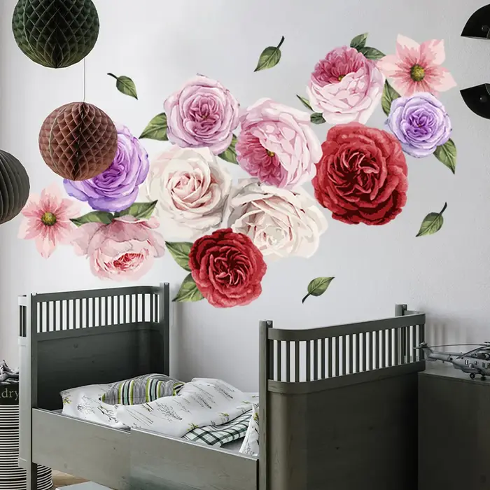 Grands fleurs multicolores Stickers muraux salon chambre fond décor Mural fleur décoration de la maison autocollants auto-adhésifs