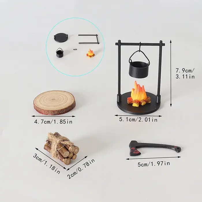 Feu de camp miniature et théière, décorations de sculpture miniature sur le thème de la fantaisie mo