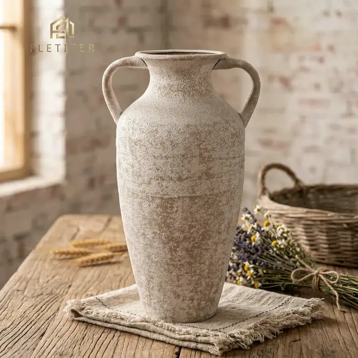 Vase en métal imitation terre cuite style campagne française, poterie rustique vintage, pot à fleurs pour fleurs séchées, décoration de salon, bureau, maison