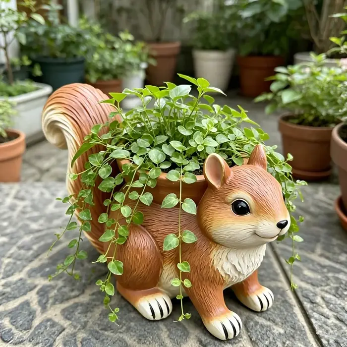 Joli pot de fleurs en résine en forme d'écureuil, sculpture animale synthétique, décoration rurale, pour jardin extérieur, balcon, plantes vertes