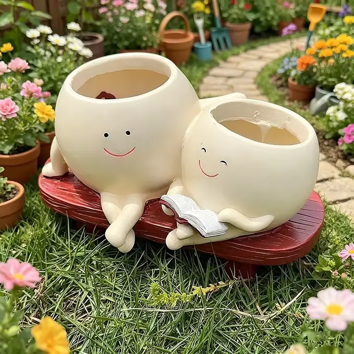 Pot de fleurs en résine mignon pour plantes succulentes, décoration intérieure et extérieure, pot à double tête, décoration de bureau unique