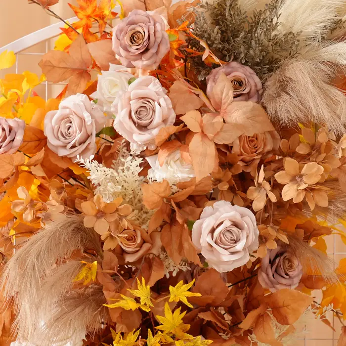 C8985 automne café Rose Pampas herbe feuilles accrocher Arrangement Floral mariage toile de fond décor allée fleur florale Photo fournitures